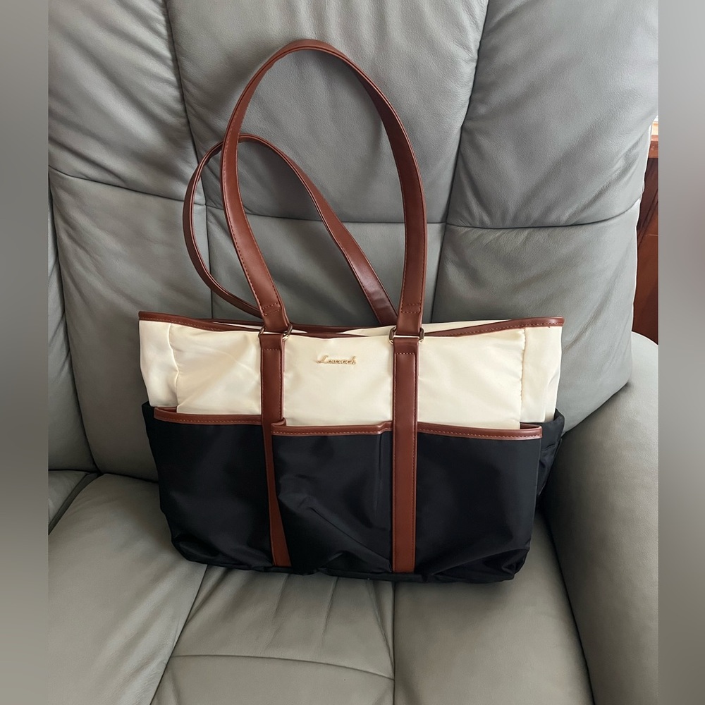 Two-Tone Black and Cream Computer/Work Tote with Brown Trim by LOVEVOOK